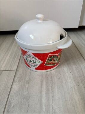 Tabasco Ceramic Soup Tureen with Lid, White Red, Tabasco Label, Advertising